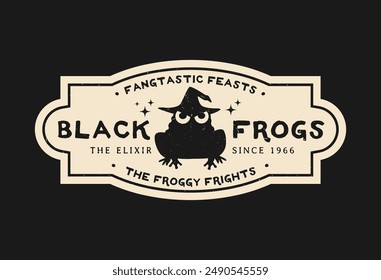 Halloween potion bottle label with witch frog. Halloween season celebration party drink or potion, autumn horror event beverage grunge vector bottle label, tag or sticker with frog in witch hat