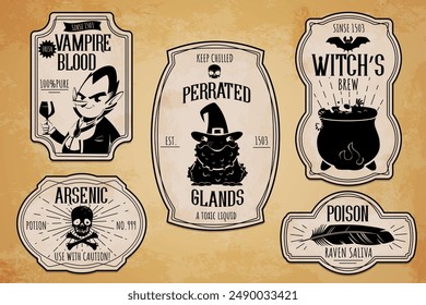 Halloween potion bottle labels, Isolated vector set of badges in retro style with a menacing skull and crossbones, count Dracula or vampire with cup, frog in witch hat, cauldron, bat and raven feather