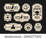 Halloween potion bottle labels for witch elixir and horror night holiday drinks, vector vintage paper tags. Halloween trick or treat party potion labels with skull crossbones, pumpkin and witch frog