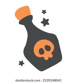 Halloween potion bottle with orange skull symbol and stars, witchy vibe Vector illustration