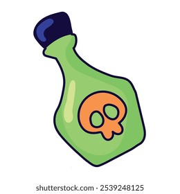 Halloween potion bottle with orange skull symbol and stars, witchy vibe Vector illustration