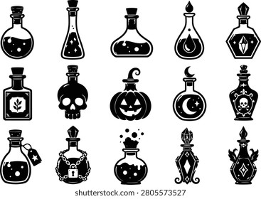 Halloween Potion Bottle Silhouette Icon Set Black And White Vector Illustration