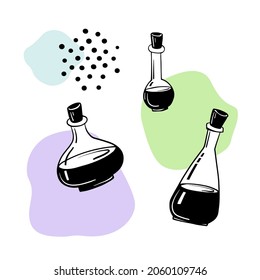 Halloween potion bottles on abstract blobs background. Hand drawn sketch style. Vector illustration. Halloween design set.