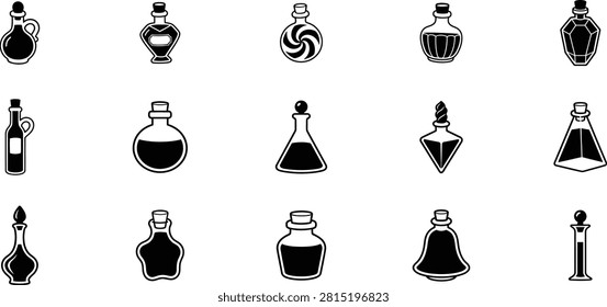 Halloween potion bottles silhouette set isolated on transparent background for spooky designs