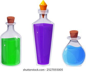  Halloween potion. Cartoon set of magic potion. Various glass jars with colorful potions. Vector illustration.