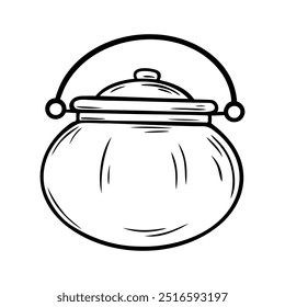 Halloween potion cauldron illustration in line art style. Graphic monochrome drawing. Hand drawn outline sketch, engraved doodle illustration. For coloring, invitation, decoration.