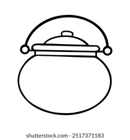 Halloween potion cauldron illustration in line art style. Graphic monochrome drawing. Hand drawn outline sketch, engraved doodle illustration. For coloring, invitation, decoration.