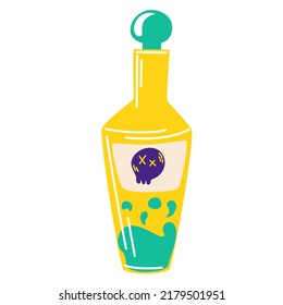 Halloween potion. Glass bottle with a magic potion. Elixir. Design for Halloween, invitation cards, greeting cards, printing. Witch potion. Hand draw vector illustration isolated on white background