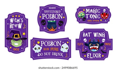 Halloween potion labels and witch elixir bottle tags for horror night holiday drinks, cartoon vector tags. Halloween and trick or treat party potion labels with spooky boo ghosts, devil and skulls