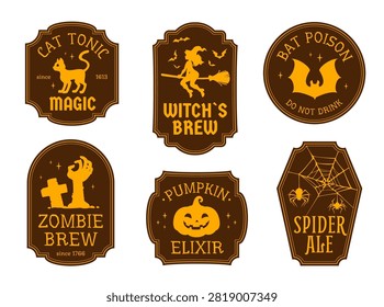 Halloween potion labels with witch on broomstick and pumpkin lantern face, vector cartoon stickers. Halloween potion labels with creepy spiders in cobweb, bat and zombie hand from grave on cemetery