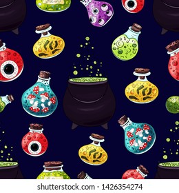 Halloween potion pattern. Many types jar with potion, color magic bottles. Hand drawn cartoon style Halloween background. Different poison bottles, cauldron with a potion,