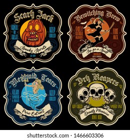 Halloween potion sticker-labels. Vector illustrated set of Halloween badges for beverages and cocktails. 