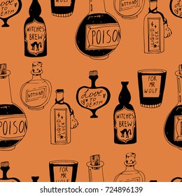 Halloween potions. Hand drawn seamless vector pattern