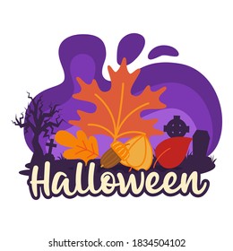 Halloween premade composition with autumn leaves. Vector