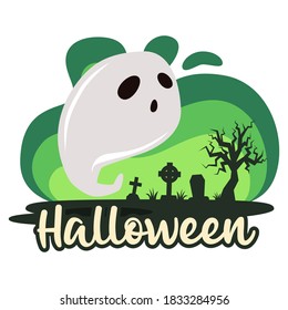 Halloween premade composition with cemetery and ghosts. Vector