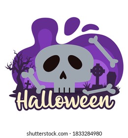 Halloween premade composition with graves, cemetery and skull. Vector