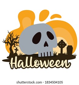 Halloween premade composition with graves, cemetery and skull. Vector