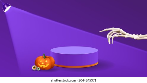 Presentación de Halloween. Cilindro morado podio con lámpara de calabaza y foco. Publicidad de marcas de moda. El concepto de escena, diseño, escaparate para un producto. Plantilla de banner de venta. Vector 