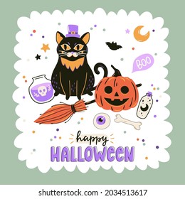 Halloween print with cartoon elements and lettering. Hand drawn illustration for holiday decorations, poster design. Cute vector symbols: black cat, pumpkin, broom.