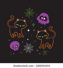 halloween print with cute black cats and purple skulls, vector illustration of magic animals in bright silhouette on dark background, flat style