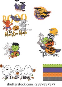 Halloween print design. Trick or treat , ghost ,pumpkin vector designs.