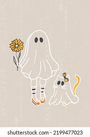 Halloween print ghost cat girl beige halloween decor minimalist halloween print printable holiday wall art vector