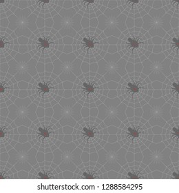 halloween print. seamless pattern Spiders on Webs on gray background.