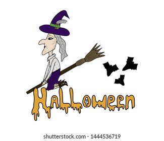 Halloween print with witch and bat