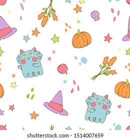 Halloween print. Witch hat. Ghost cat. Pumpkin. Autumn flowers. Stars and paint splashes. Seamless vector pattern (background).