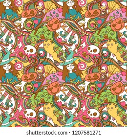 Halloween print. Witch, pumpkin, ghost, candy. Seamless vector pattern (background). Color.