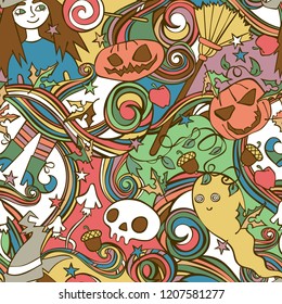 Halloween print. Witch, pumpkin, ghost, candy. Seamless vector pattern (background). Color.