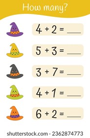 Halloween printable educational math worksheet. Mathematic activities for kids. Educational games for preschool kindergarten. Learning math pages. Halloween teacher resources. Counting, addition.