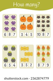 Halloween printable educational math worksheet. Addition, counting, subtraction for kids. Educational games for preschoolers and kindergarten. Learning mathematic pages. Math printable.