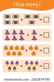 Halloween printable educational math worksheet. Mathematic activities for kids. Educational games for preschool kindergarten. Learning math pages. Halloween teacher resources. Counting, addition.