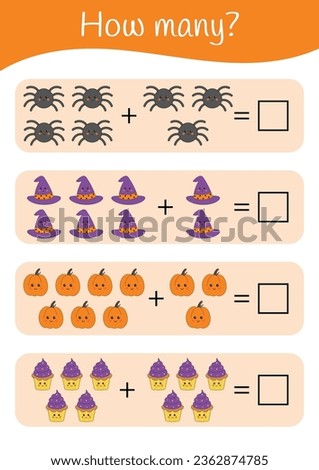 Halloween printable educational math worksheet. Mathematic activities for kids. Educational games for preschool kindergarten. Learning math pages. Halloween teacher resources. Counting, addition.