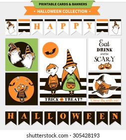 Halloween printable vector cards and banners with cartoon funny pumpkin, witches, ghosts, vampire bats, stars and words (trick or treat, happy hallo ween, eat drink and be scary)