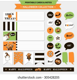 Halloween printable vector cards, banners, stickers and notes with cartoon funny pumpkin, ghosts, vampire bats, bones, stars and words (trick or treat, happy Halloween, etc.)