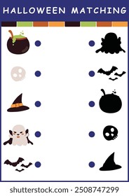 Actividad de coincidencia de sombras de hoja de cálculo imprimible de Halloween en color. Rompecabezas con Elementos espeluznantes. Encuentre la página de actividad de silueta correcta para los niños