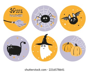 Halloween Prints set with pumpkins, ghost and bat. Vector Halloween stickers.