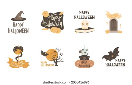 Halloween prints set. Skull on book, witch hat, mystical door and candles, snake on caramel apple, cauldron with poison, bat. Handwritten text, greetings with pumpkins, dead tree, holiday cards