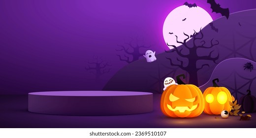 Halloween product display podium with pumpkins, bats and ghosts. Vector illustration