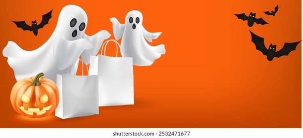 Exhibición del producto de Halloween para el fondo del Anuncio de la presentación. Fantasma espeluznante con Jack o linterna Concepto de vacaciones mínimo