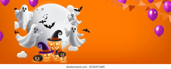 Halloween product display for presentation banner background. Spooky ghost with Jack o lantern Minimal holiday concept