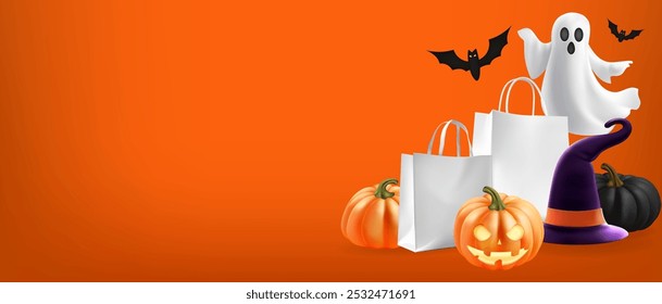 Exhibición del producto de Halloween para el fondo del Anuncio de la presentación. Fantasma espeluznante con Jack o linterna Concepto de vacaciones mínimo