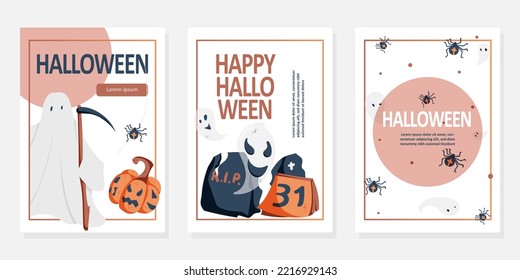 Halloween promo flyers design with ghosts, spiders and pumpkin. Halloween celebration, holiday, event, festive, party concept. Banner, advertising, flyer. Vector illustration