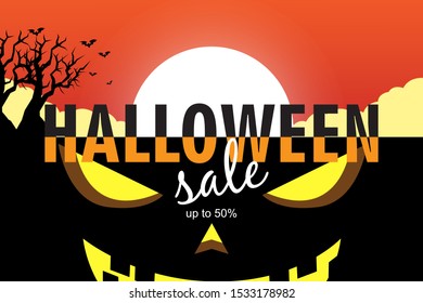Halloween promo poster discounts up to 50% with spooky pumpkins,full moon,clouds,tree and bat