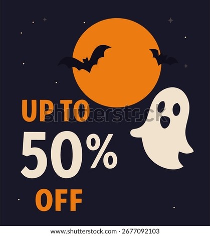 Halloween Promo Poster with Ghost, Bat, Moon, and Up to 50% Off Discount Vector Design