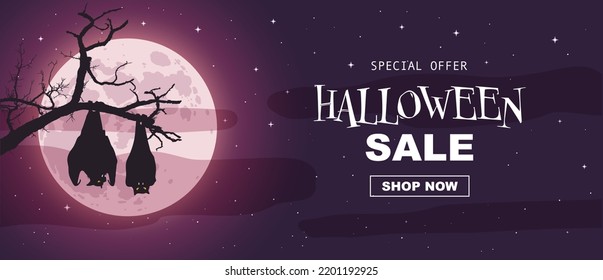 Halloween promo sale banner, bat, crooked branch, full moon, thick fog, clouds. Template for vouchers, offers, coupons, holiday sales. Vector illustration for Halloween discounts.