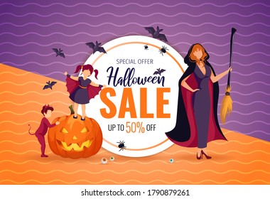Halloween promo sale banner with happy family dressed in costumes. Witch with broom, imp. bats, scary pumpkin, spiders. Vector illustration for poster, banner, discount, special offer, commercial.
