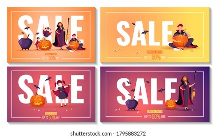 Halloween promo sale banner set with people dressed in costumes. Witch with broom, man in cloak, imp. bats, scary pumpkins, cauldron. Vector illustration for poster, banner, discount, special offer.